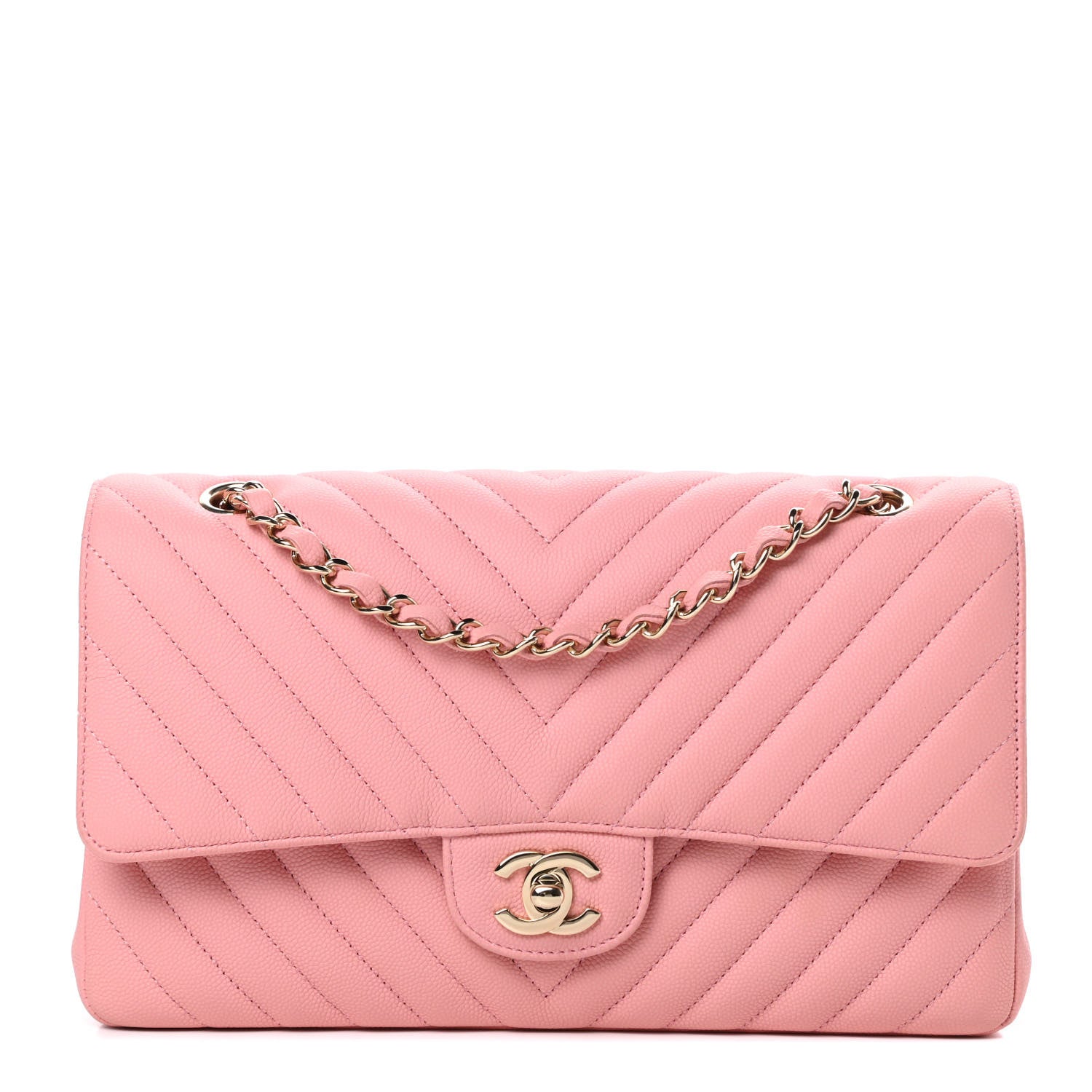 Chanel Caviar Flat Chevron Quilted Medium Double Flap Pink 1 of 12