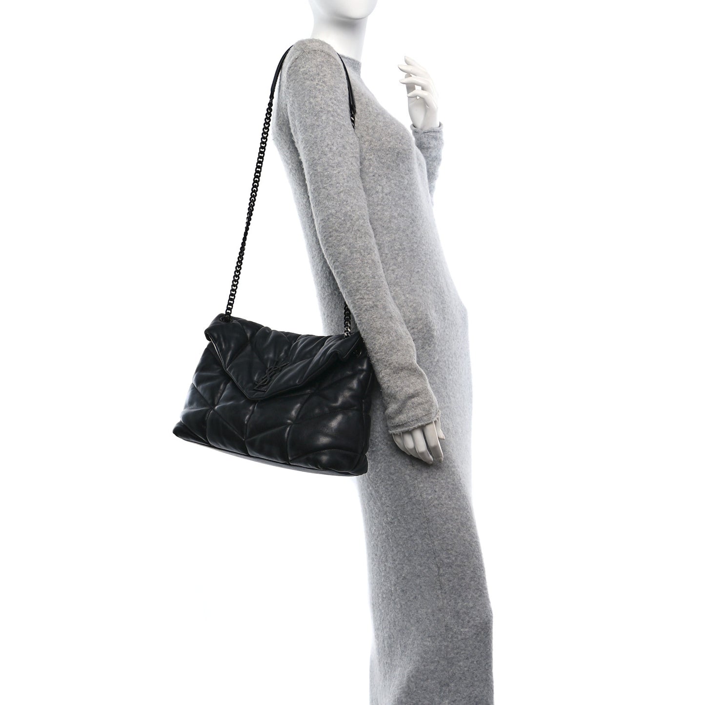 Lambskin Quilted Monogram Monochrome Medium Loulou Puffer Chain Satchel Black