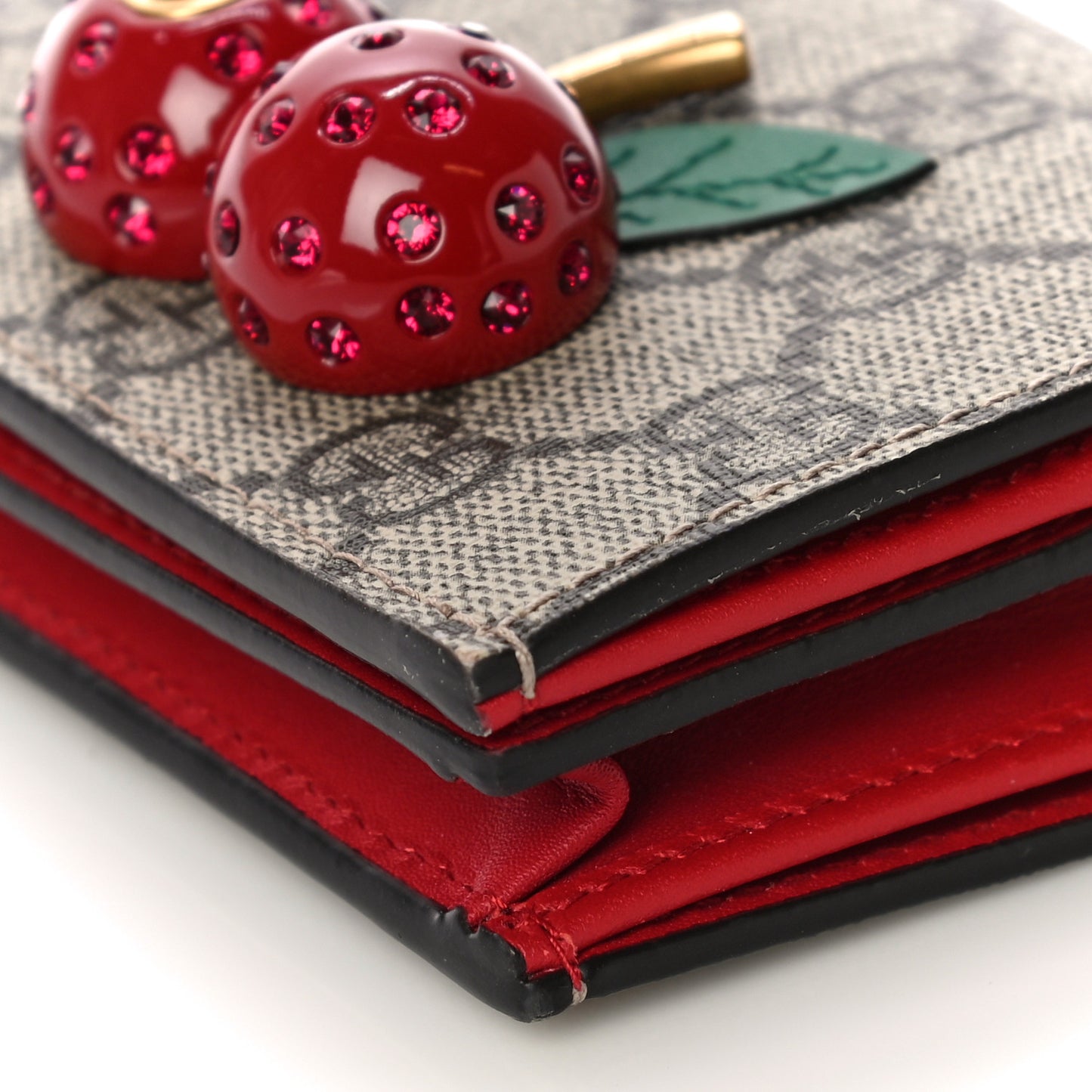 GG Supreme Monogram Cherry Embellished Card Case Wallet Hibiscus Red