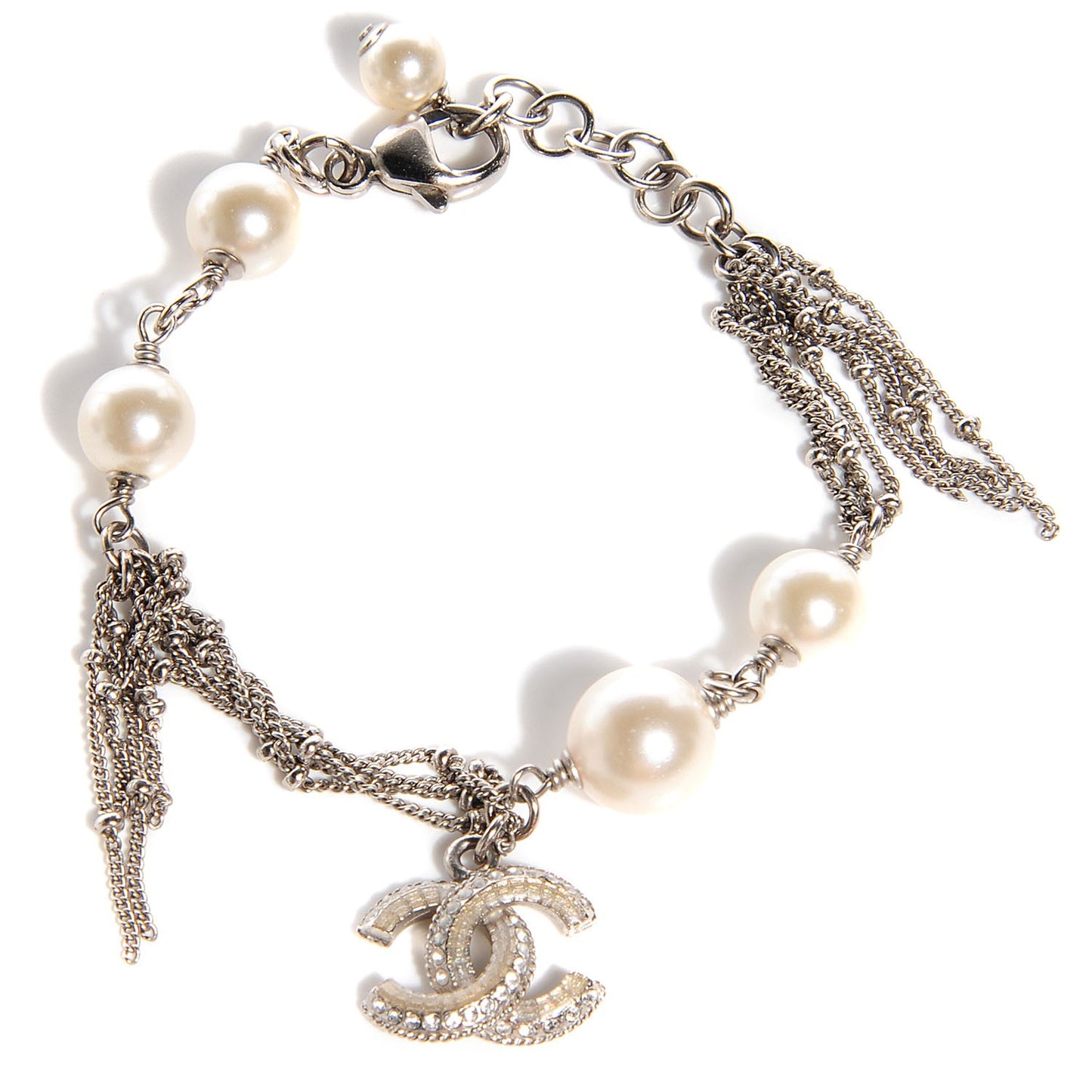 Pearl Crystal CC Charm Bracelet Silver