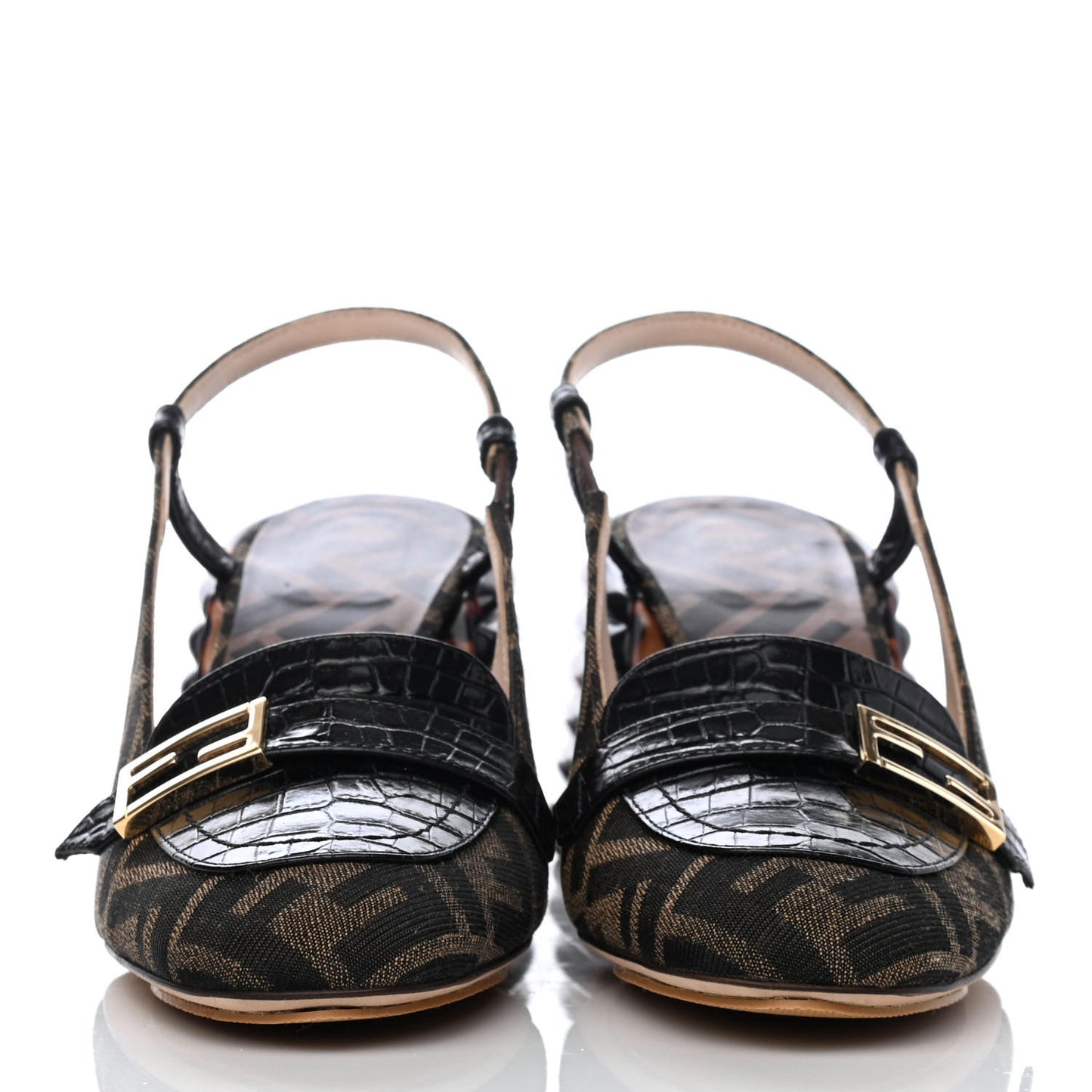 Jacquard Calfskin FF Tortoise Promenade Slingback Loafer Pumps 36 Tobacco