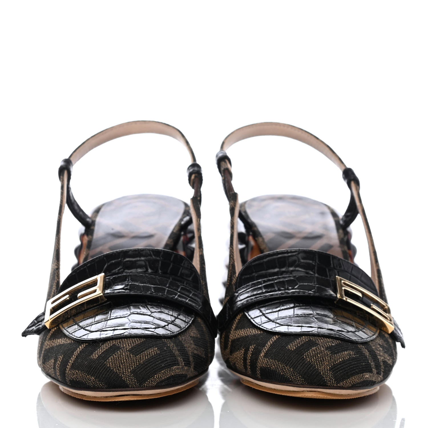 Fendi Jacquard Calfskin FF Tortoise Promenade Slingback Loafer Pumps 36 Tobacco 2 of 4