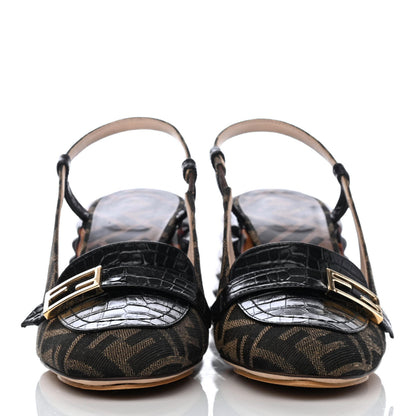 Fendi Jacquard Calfskin FF Tortoise Promenade Slingback Loafer Pumps 36 Tobacco 2 of 4