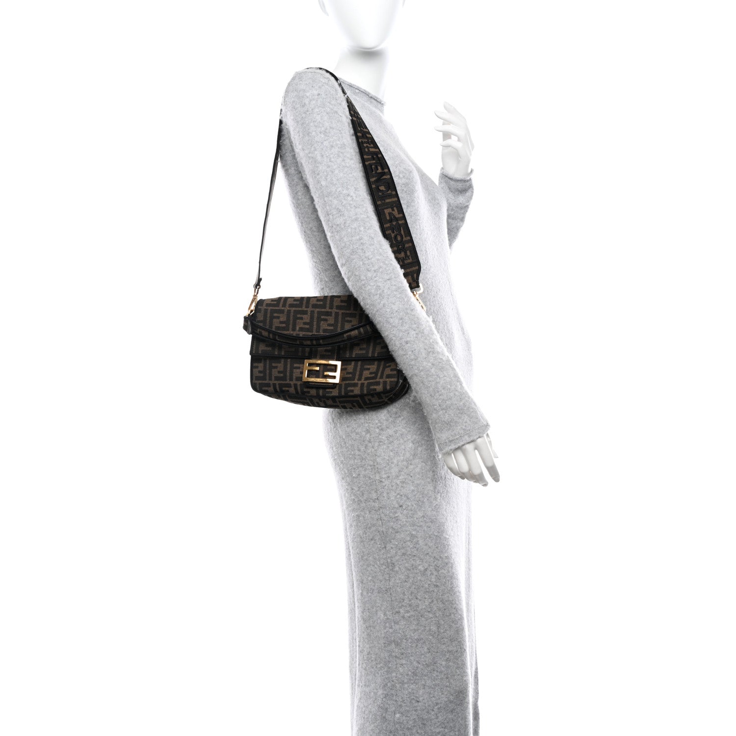 Fendi Fabric Jacquard FF 1974 Medium Baguette Tobacco Moro Black 2 of 9