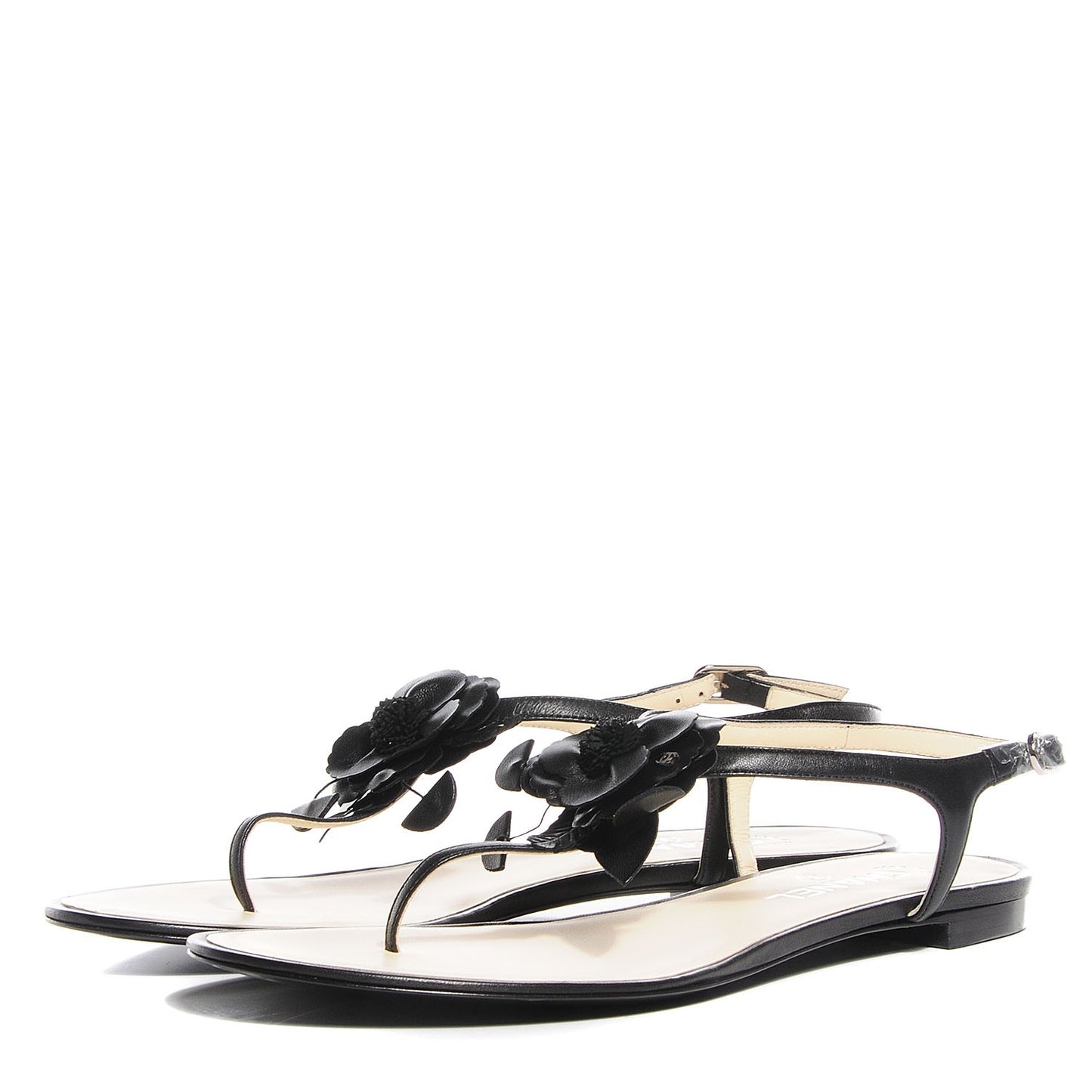 Lambskin Camellia Thong Sandals 41 11 Black