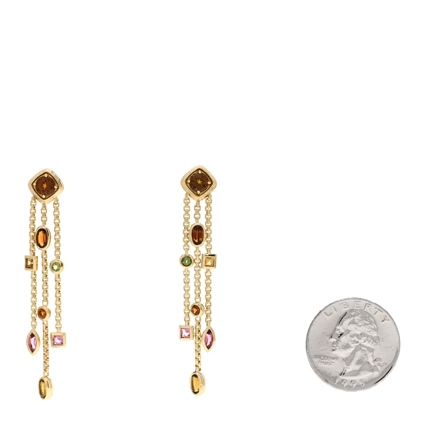 18K Yellow Gold Sapphire Garnet Citrine Tourmaline Confetti 3 Row Tassel Earrings