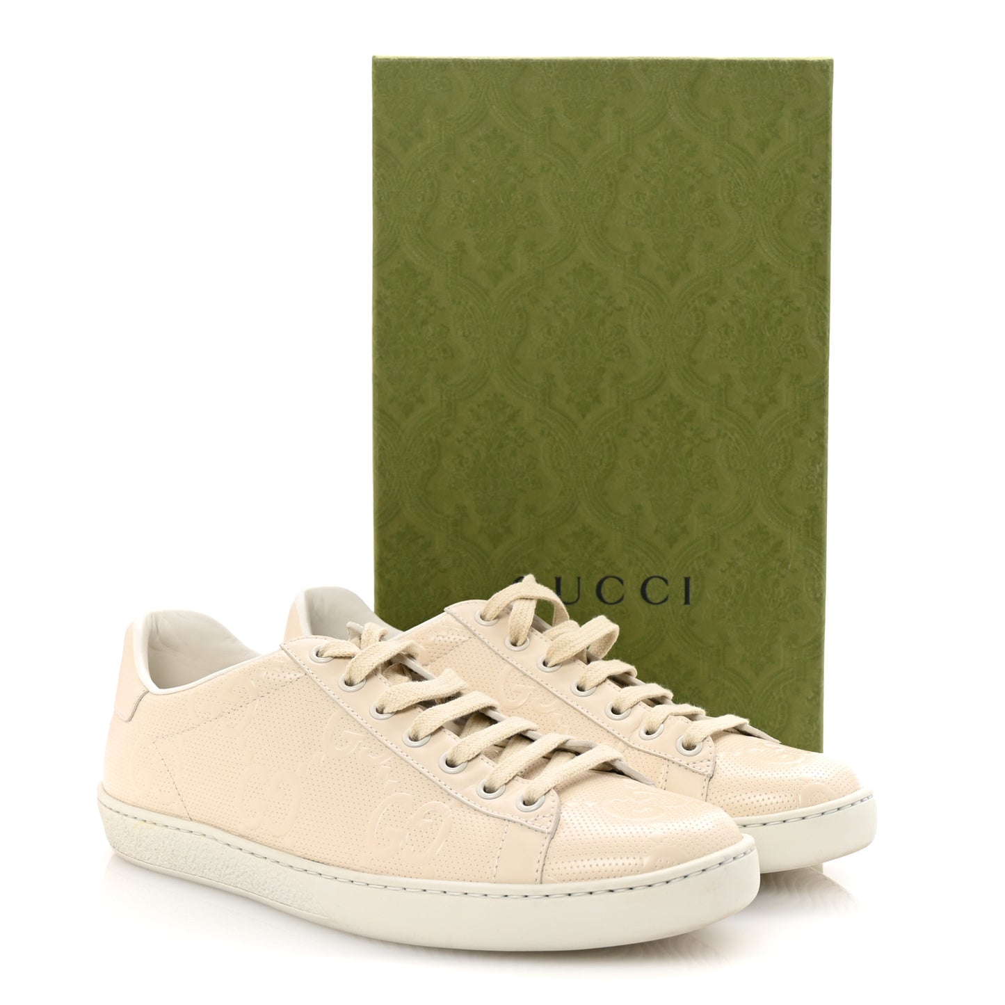 Calfskin GG Tennis Embossed Womens Ace Sneakers 39 Mystic White
