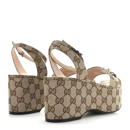 Gucci Monogram Nappa Chalotte Horsebit Ankle Strap 75mm Flatform Sandals 37.5 Beige Ebony 5 of 8
