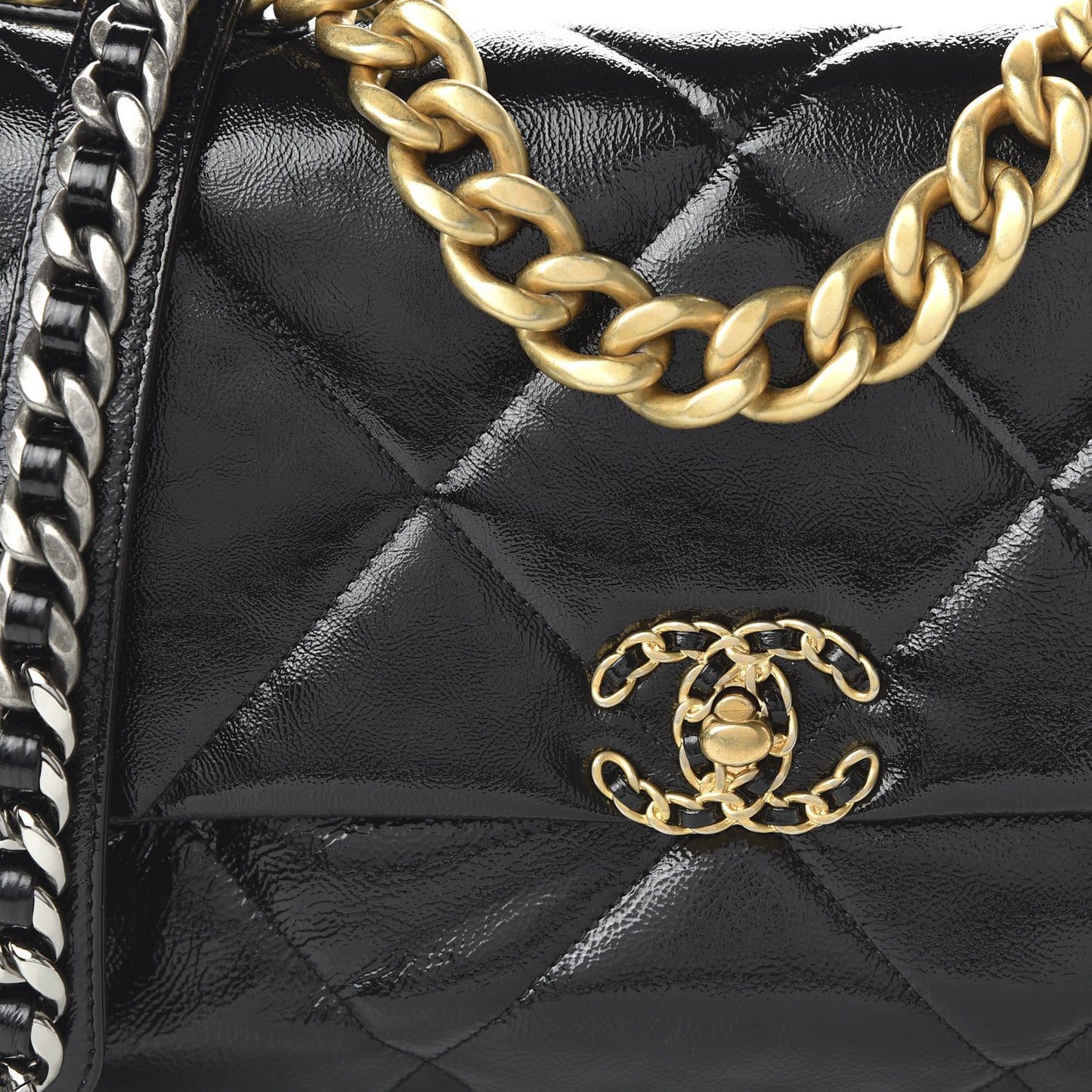Shiny Crumpled Calfskin Quilted Large Chanel 19 Flap Black