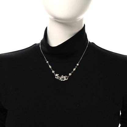 Chanel Crystal Pearl Star 5 CC Necklace Silver White 2 of 5