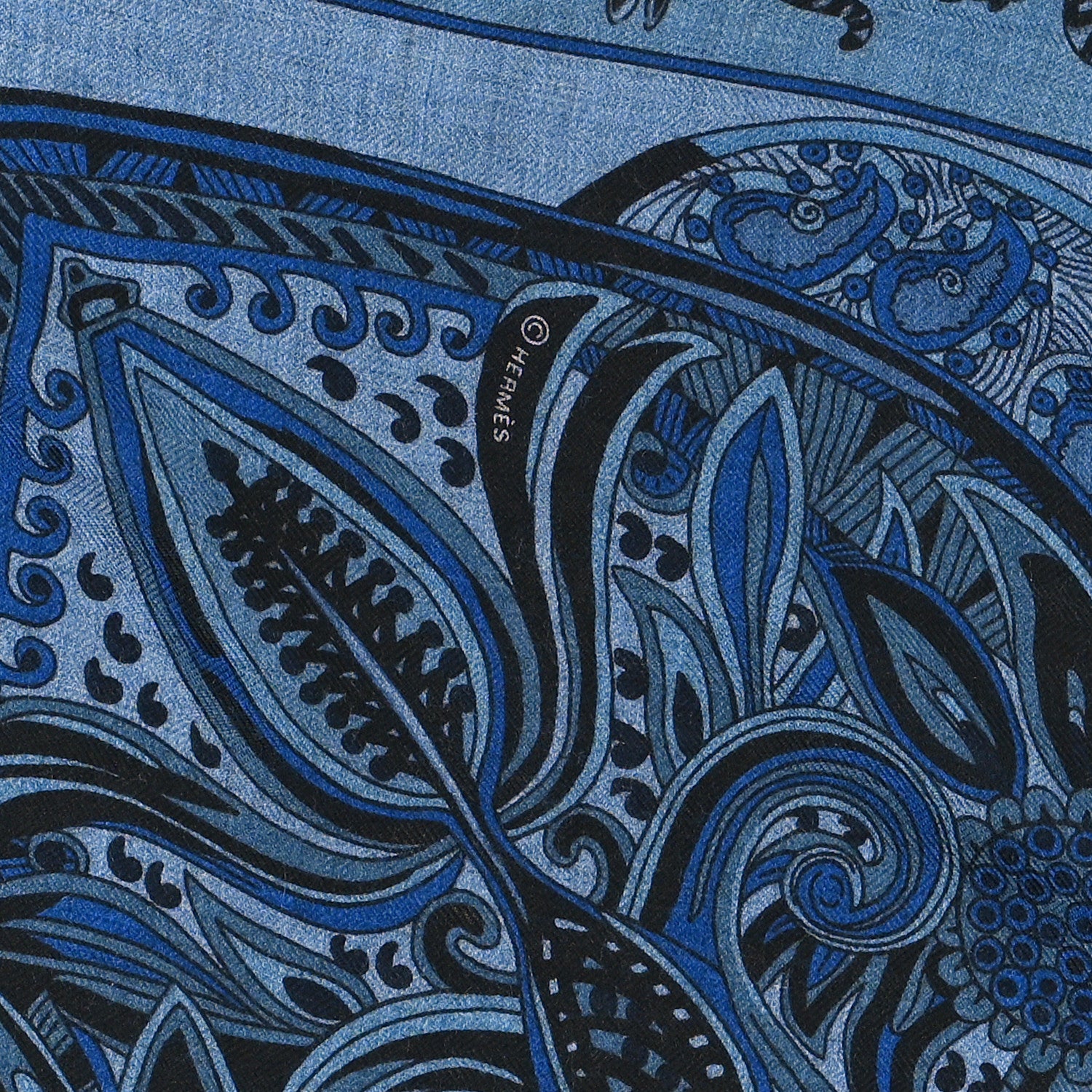Hermes Cashmere Silk Le Jardin De La Maharani Shawl 140 Bleu Chine Blue Jean Black 3 of 4