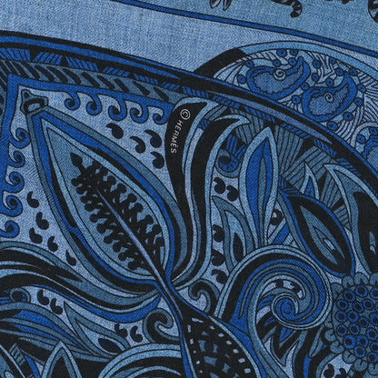 Hermes Cashmere Silk Le Jardin De La Maharani Shawl 140 Bleu Chine Blue Jean Black 3 of 4