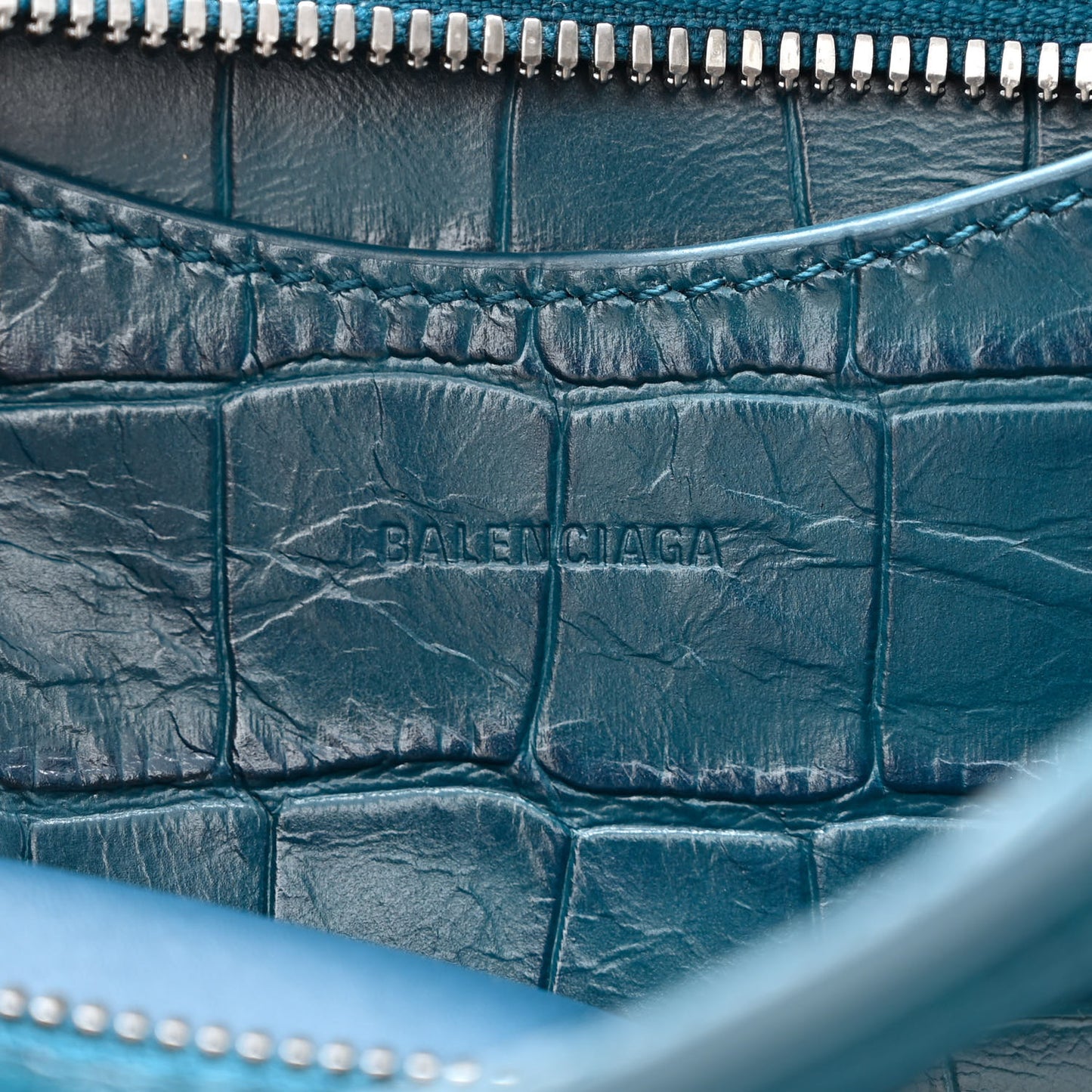 Calfskin Crocodile Embossed Neo Classic Silver Hardware Mini City Dark Petrol Blue