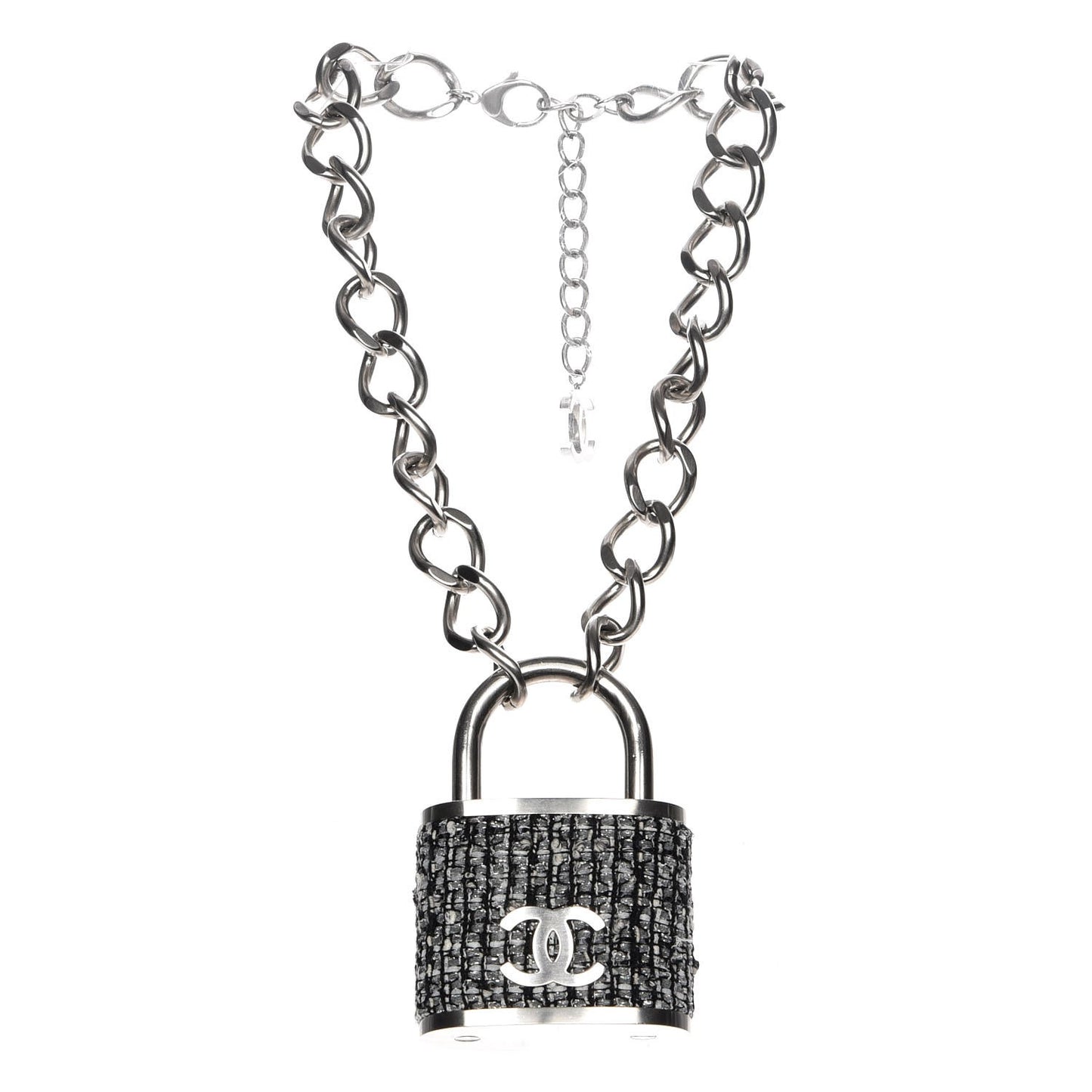 Tweed CC Oversized Padlock Chain Necklace Black Silver