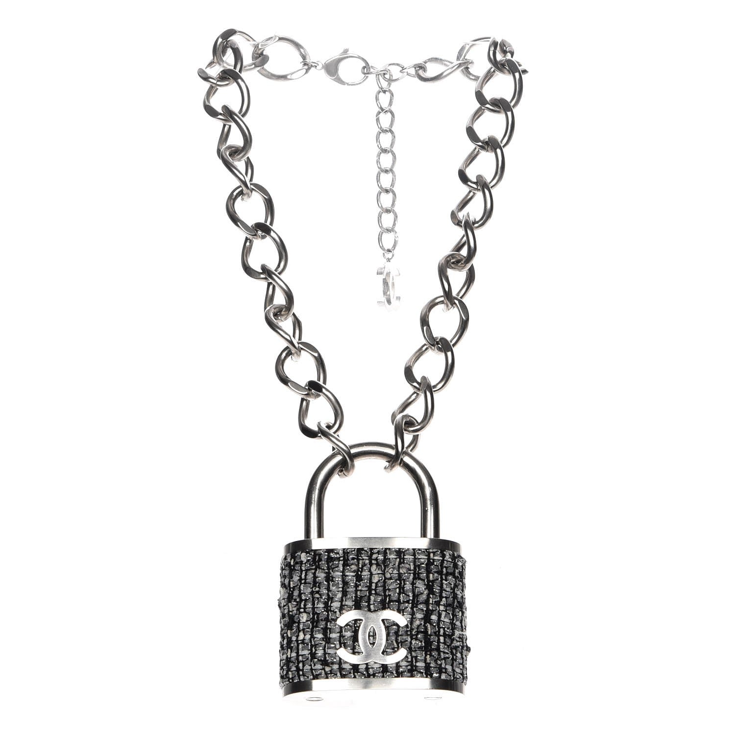 Chanel Tweed CC Oversized Padlock Chain Necklace Black Silver 3 of 5