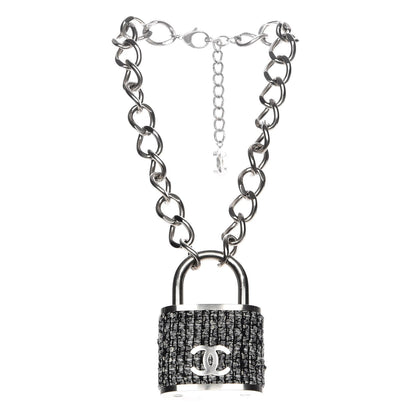 Chanel Tweed CC Oversized Padlock Chain Necklace Black Silver 3 of 5