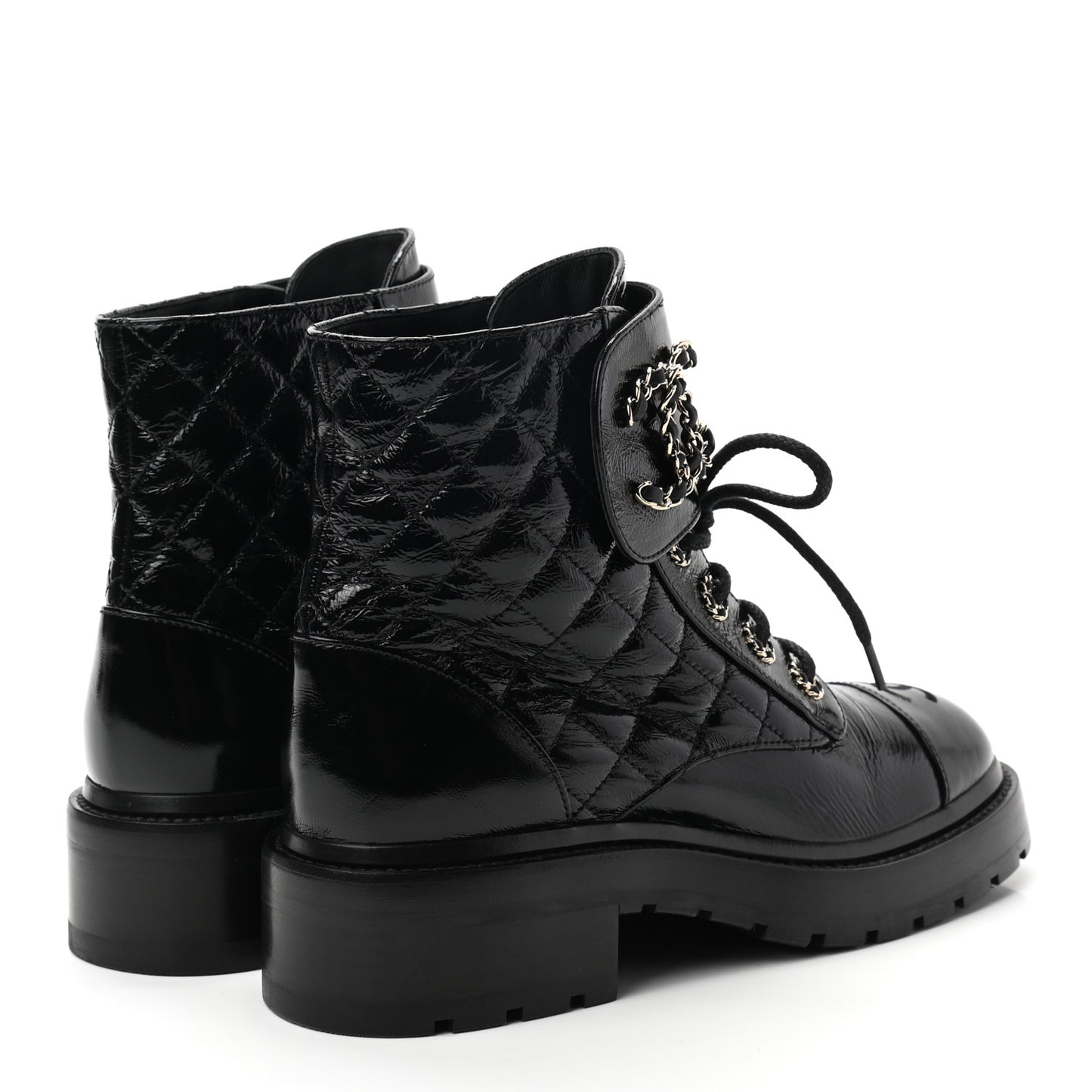 Shiny Calfskin Quilted Lace Up Combat Boots 36.5 Black