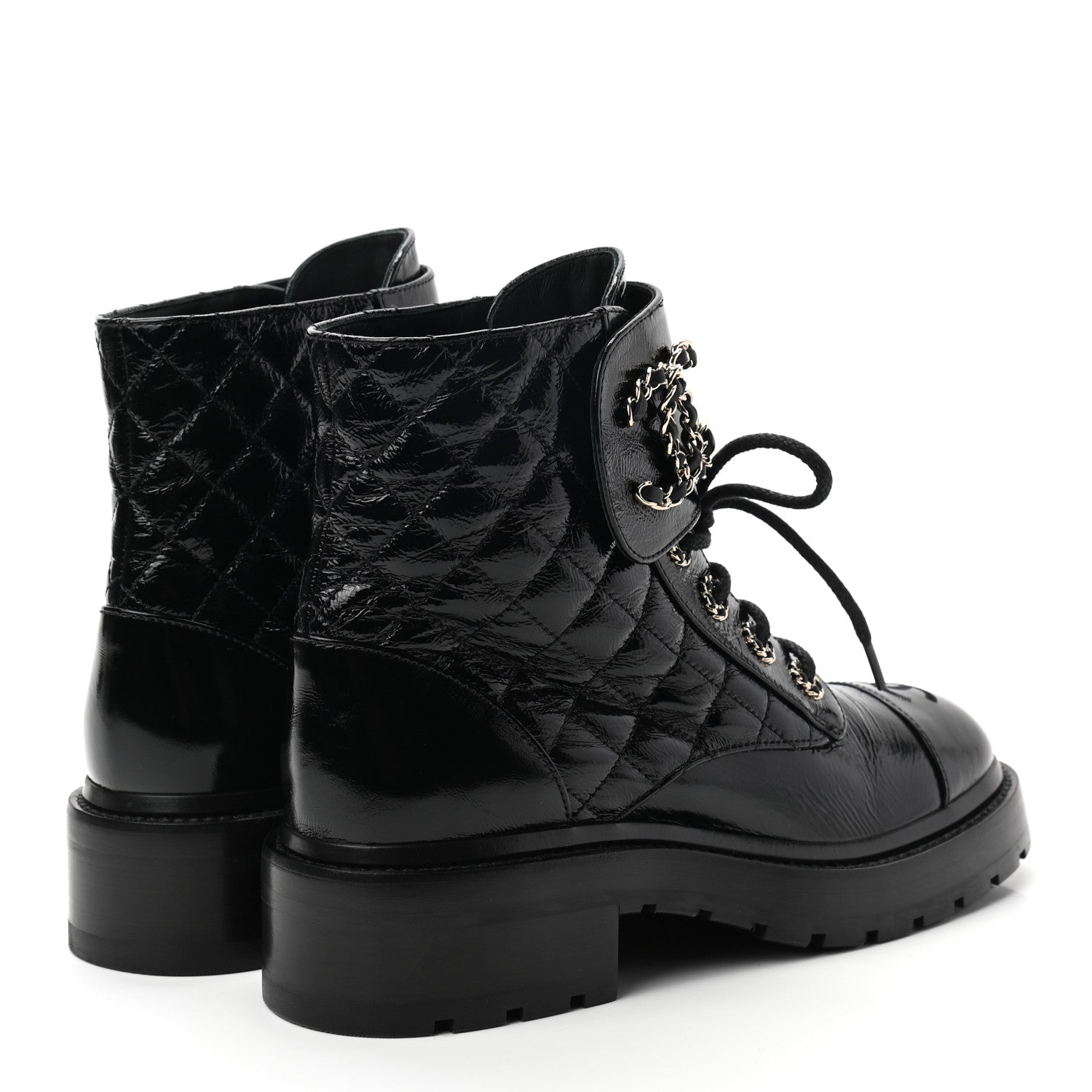 Chanel Shiny Calfskin Quilted Lace Up Combat Boots 36.5 Black 4 of 9