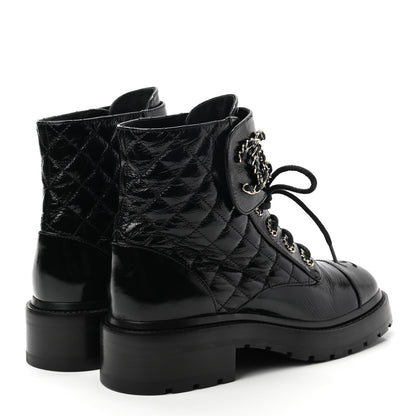 Chanel Shiny Calfskin Quilted Lace Up Combat Boots 36.5 Black 4 of 9