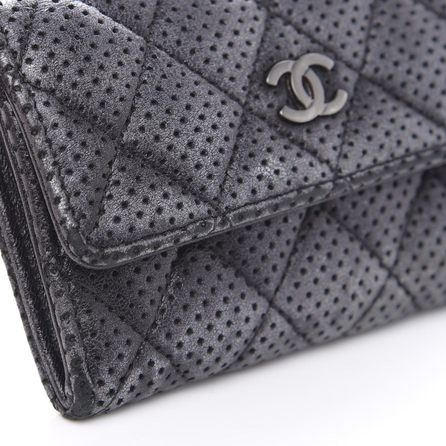 Lambskin Perforated Quilted Card Holder Grey