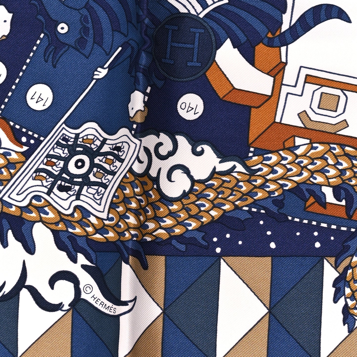 Silk Vintage L Epopee D Hermes Detail Scarf 70 Marine Caramel White