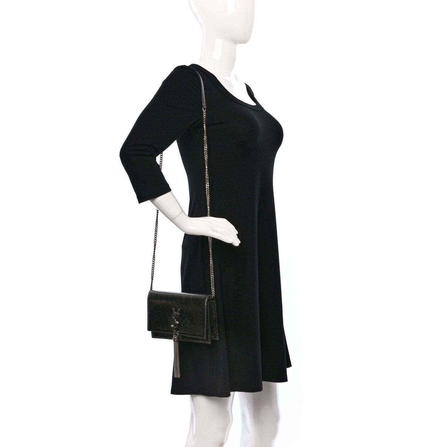 Metallic Crackled Calfskin Kate Monogram Tassel Chain Wallet Antracite Black