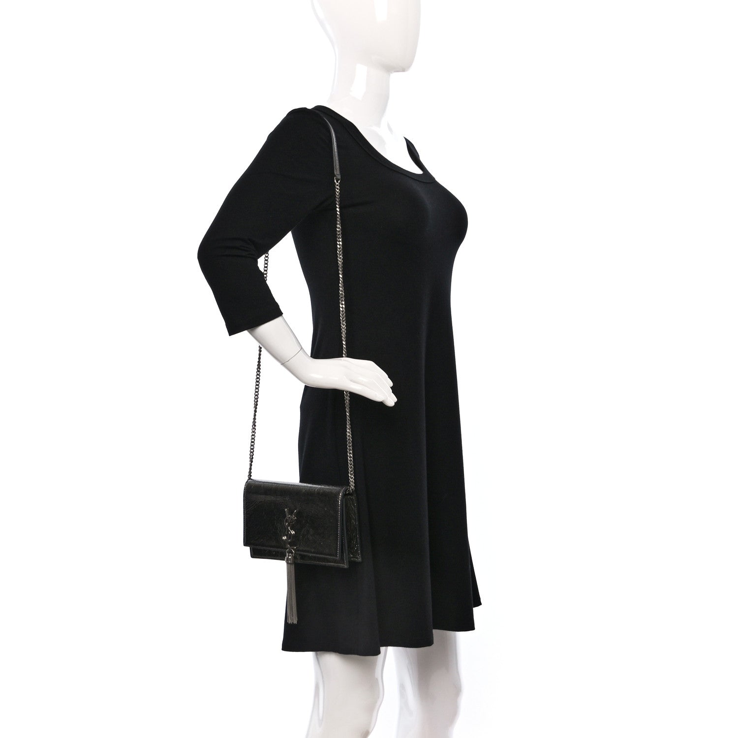 Saint Laurent Metallic Crackled Calfskin Kate Monogram Tassel Chain Wallet Antracite Black 2 of 20