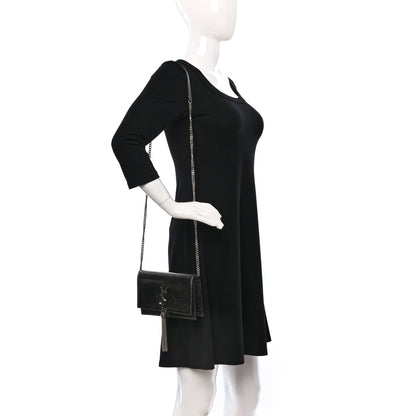 Saint Laurent Metallic Crackled Calfskin Kate Monogram Tassel Chain Wallet Antracite Black 2 of 20