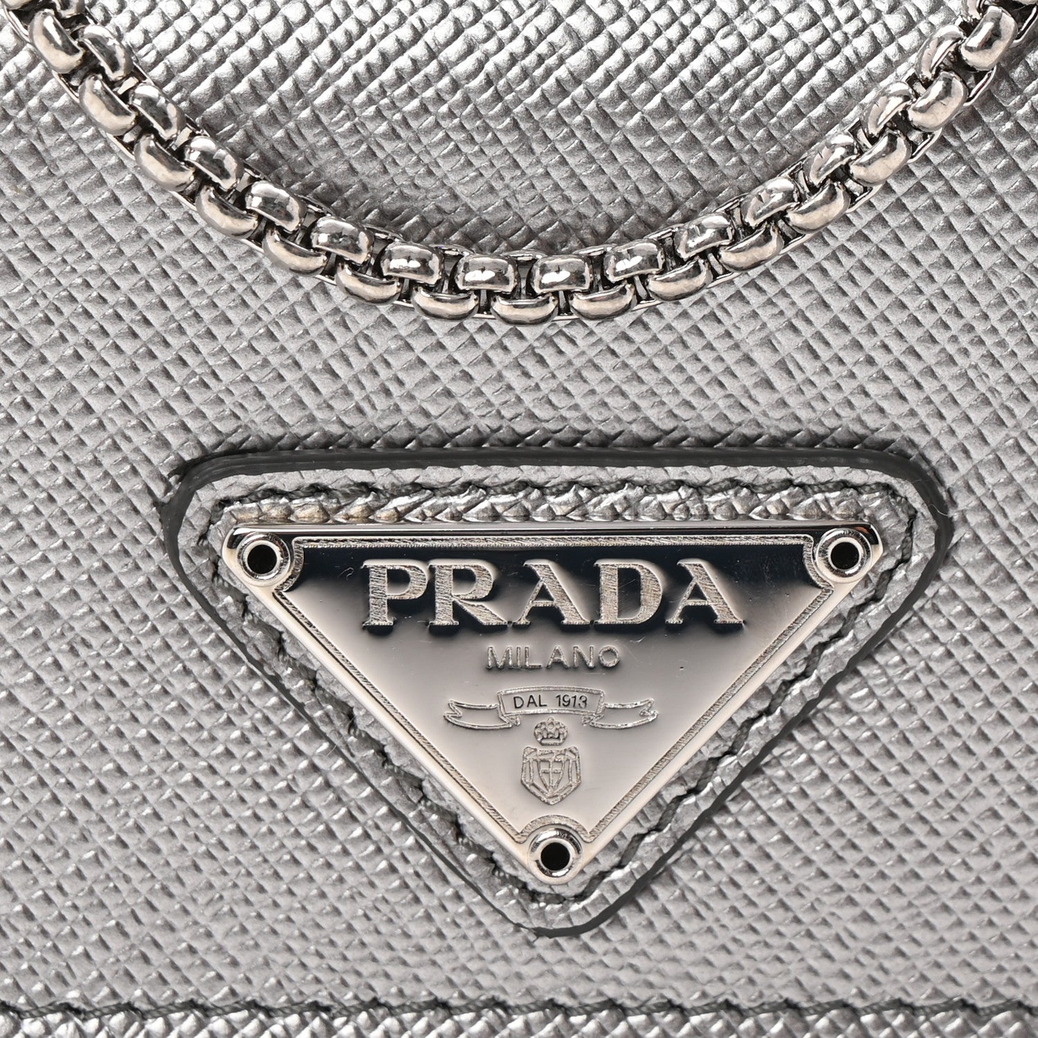 Prada Metallic Saffiano Triangle Accordion Card Case with Chain Cromo 7 of 10