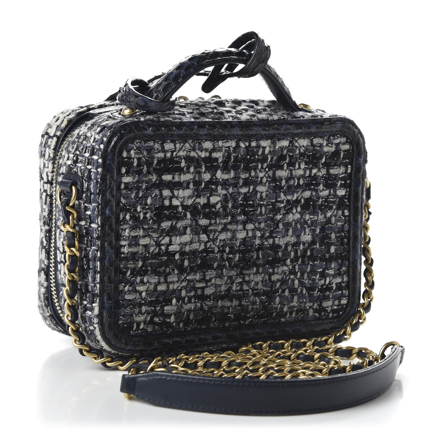 Chanel Tweed Snakeskin Quilted Small CC Filigree Vanity Case Black Ecru Silver 5 of 21