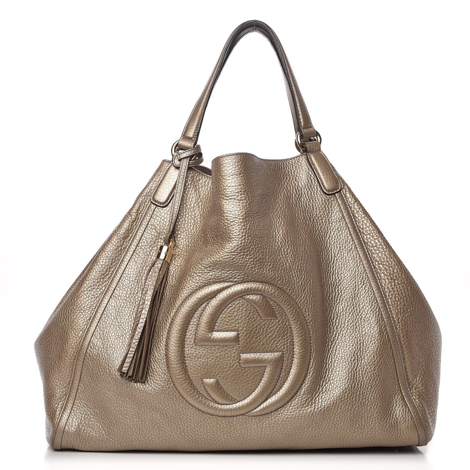 Gucci Metallic Pebbled Calfskin Large Soho Shoulder Bag Golden Beige 1 of 9