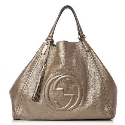 Gucci Metallic Pebbled Calfskin Large Soho Shoulder Bag Golden Beige 1 of 9
