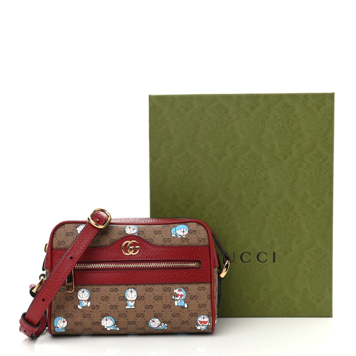 X DORAEMON Mini Vintage GG Supreme Monogram Camera Bag Beige Cherry Red