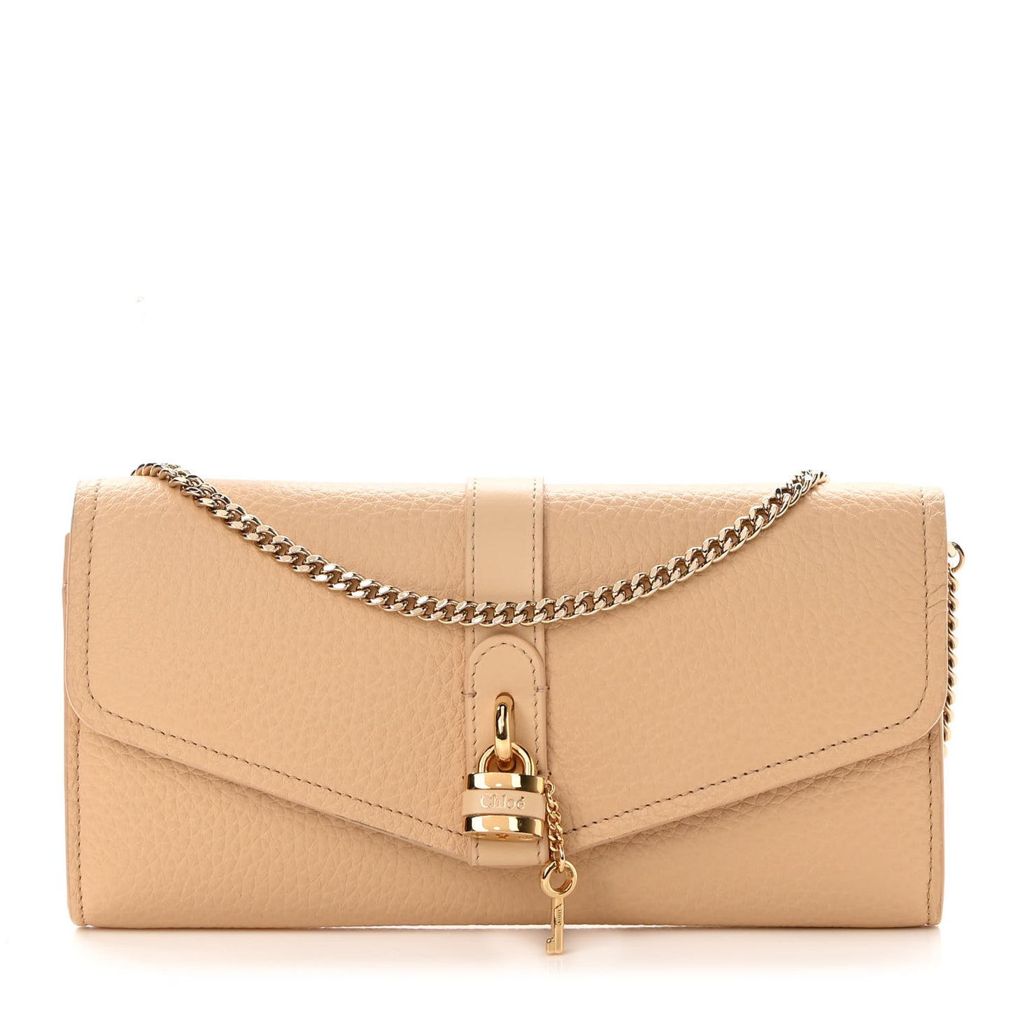 Shiny Grained Calfskin Aby Wallet on Chain Wooden Beige