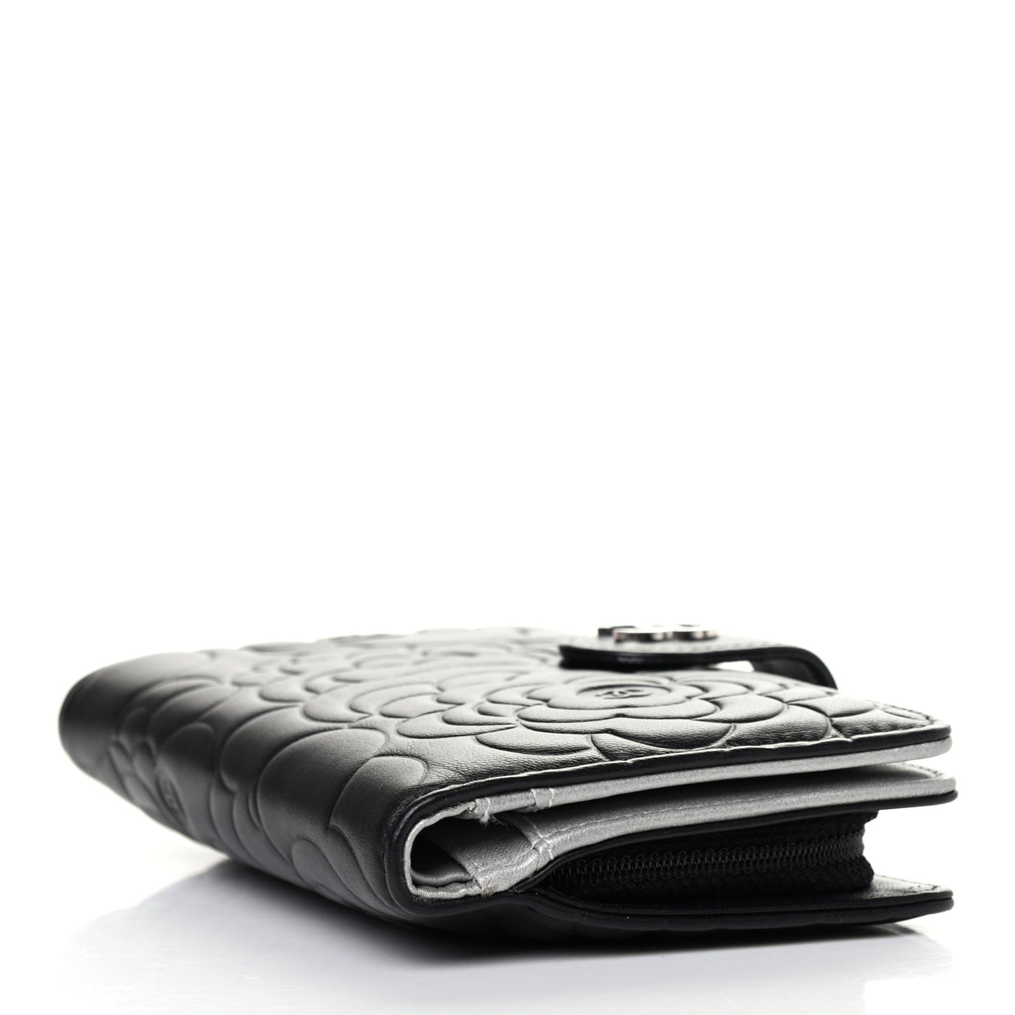 Lambskin Camellia Embossed Zipped Pocket Wallet Black