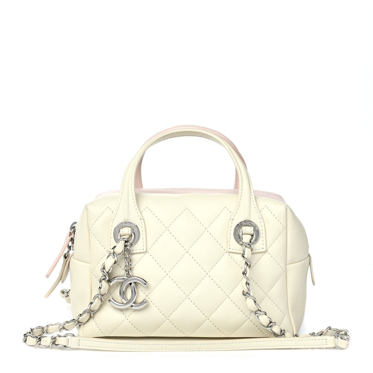 Calfskin Quilted Feather Weight Bowling Bag Ivory Light Pink