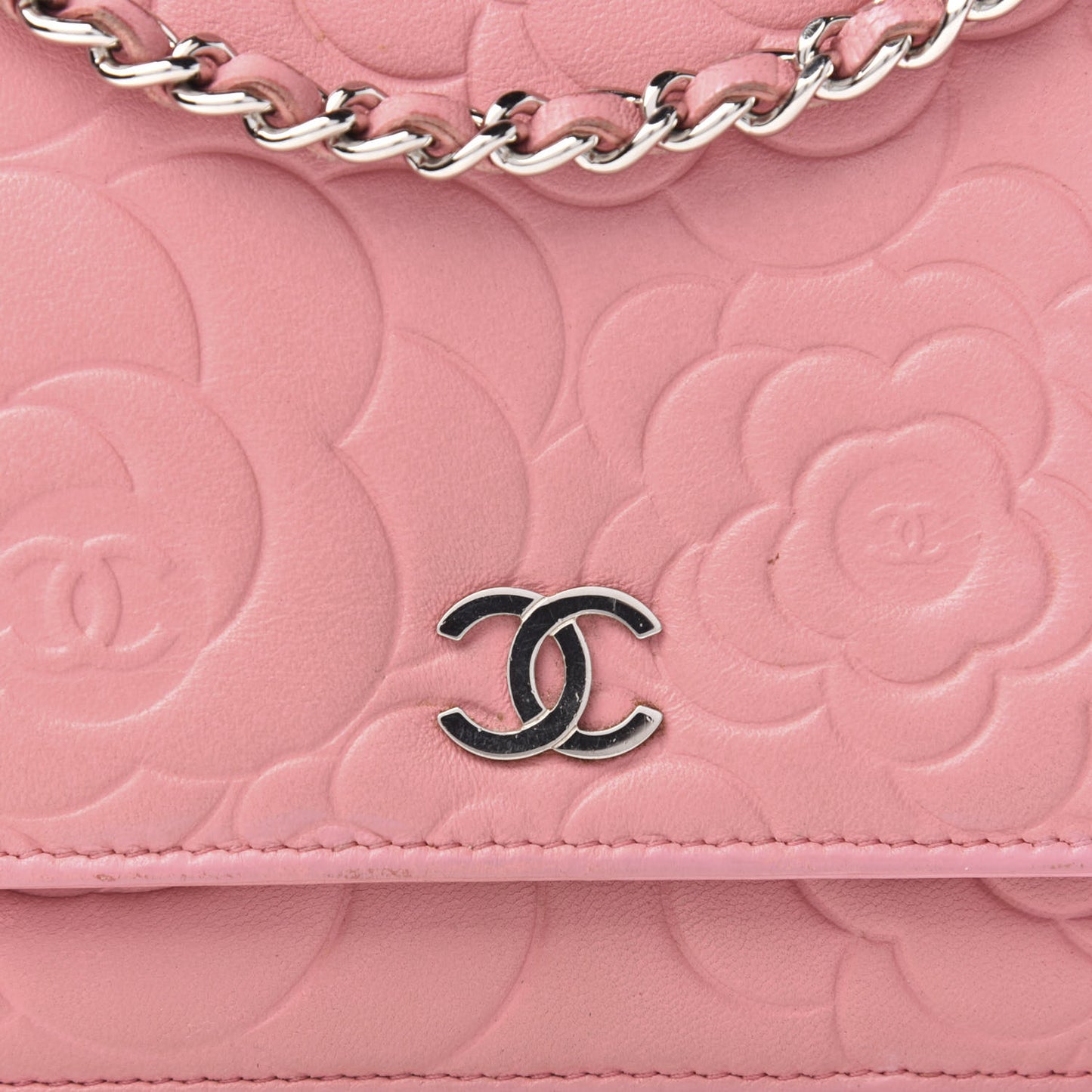 Lambskin Camellia Embossed Wallet On Chain WOC Pink