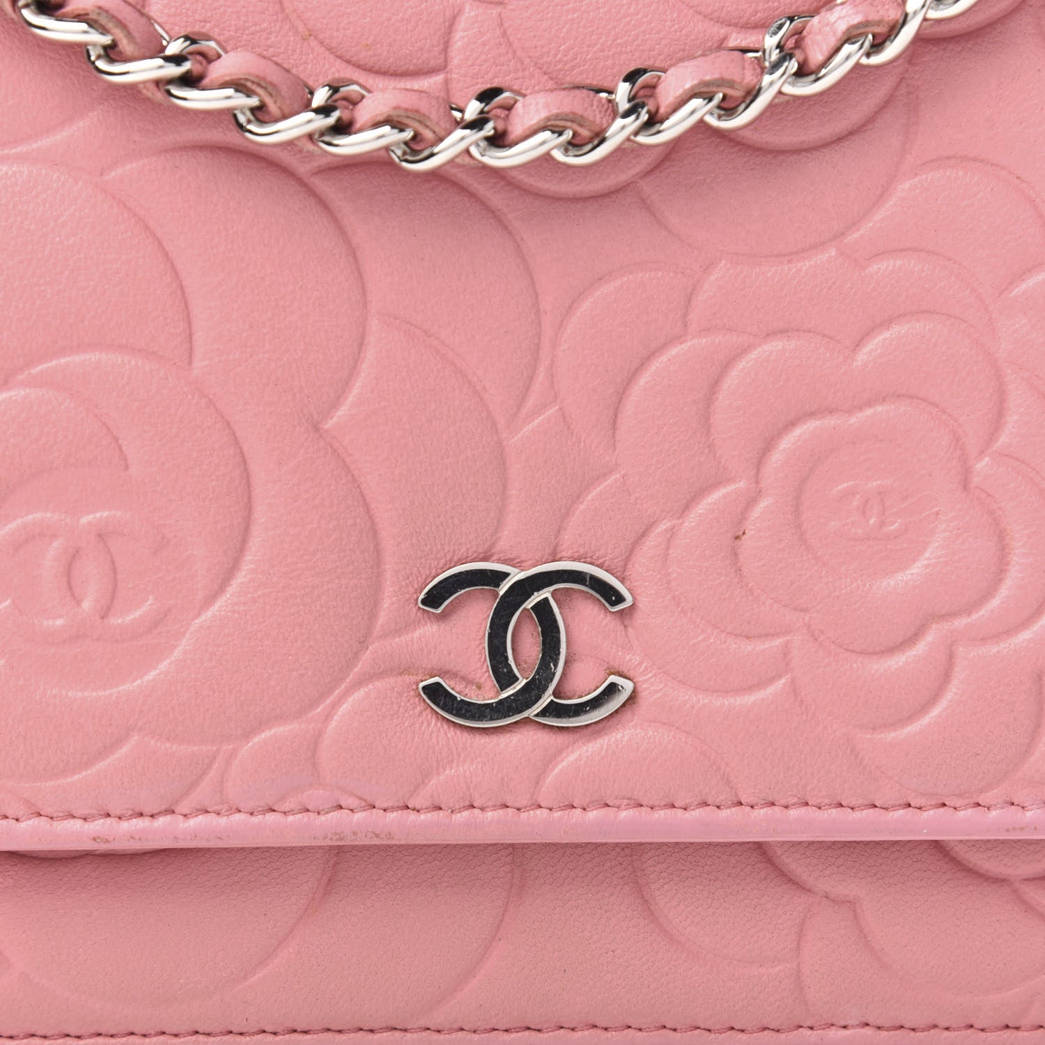 Chanel Lambskin Camellia Embossed Wallet On Chain WOC Pink 11 of 12