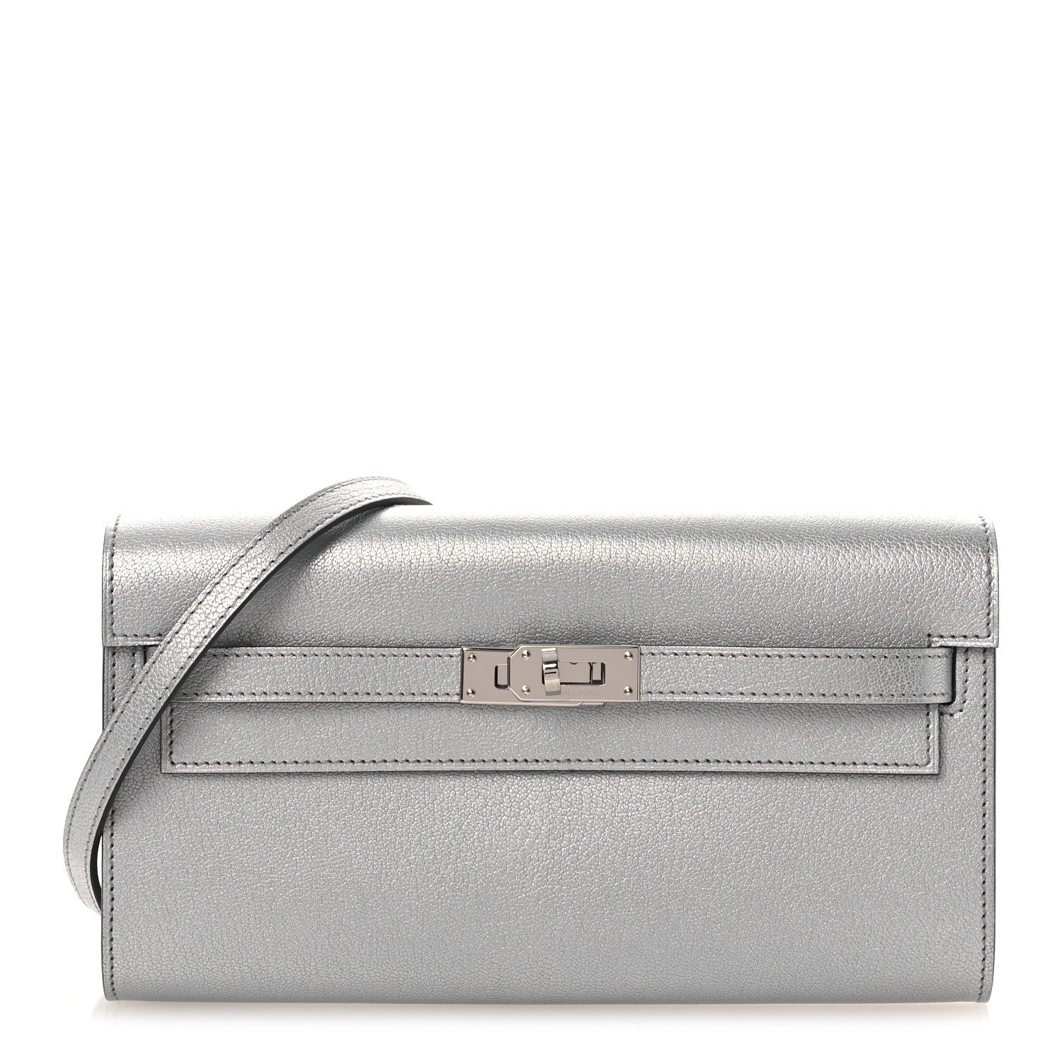 Hermes Metallic Chevre Chamkilight Kelly Wallet To Go Argent 1 of 13