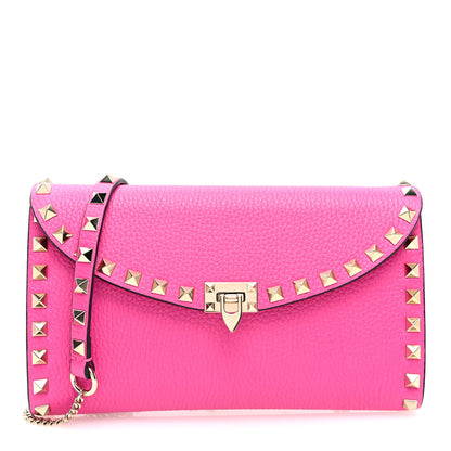 Valentino Garavani Grainy Calfskin Rockstud Flip Lock Wallet With Chain Pink PP 1 of 10