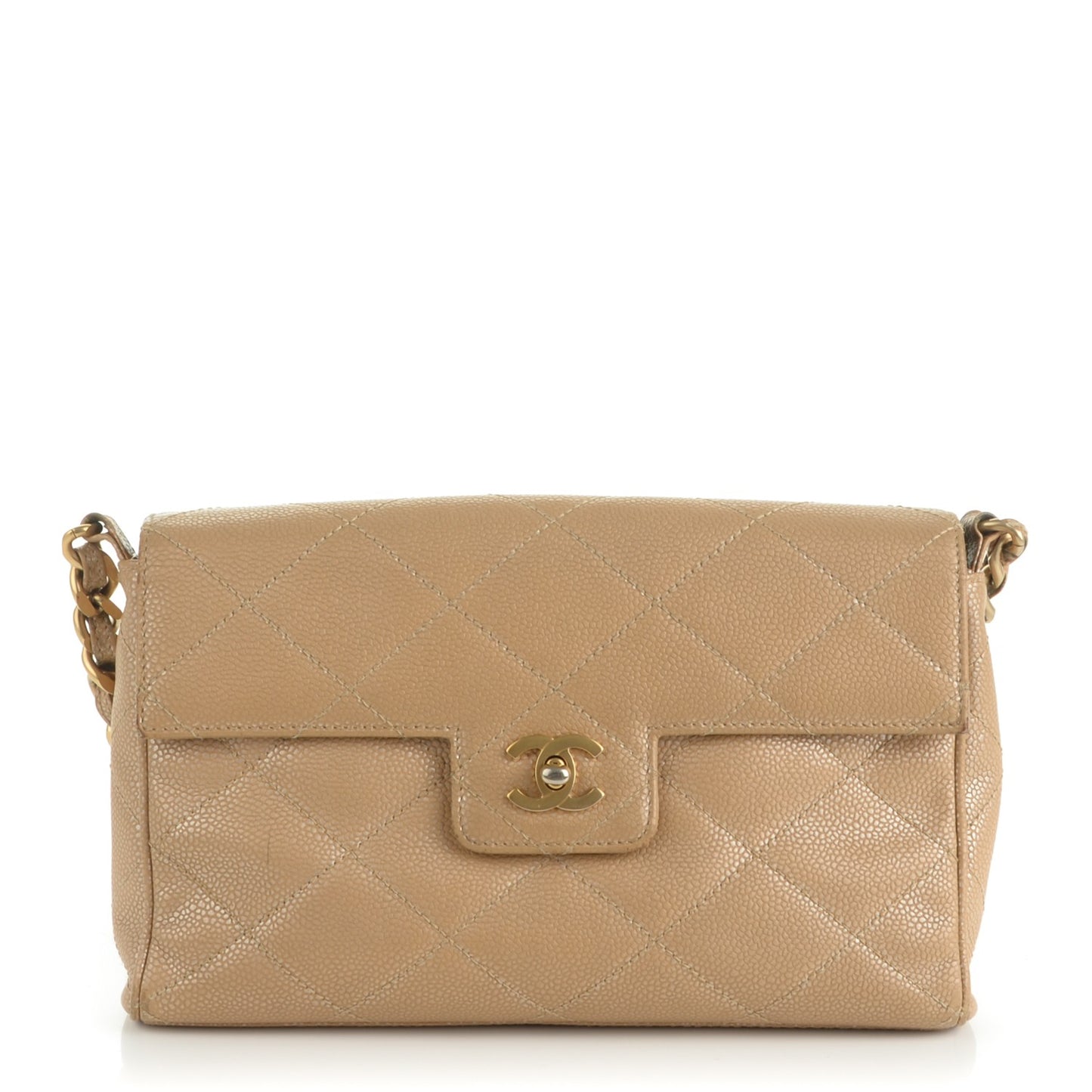Metallic Caviar Quilted Medium Single Flap Beige