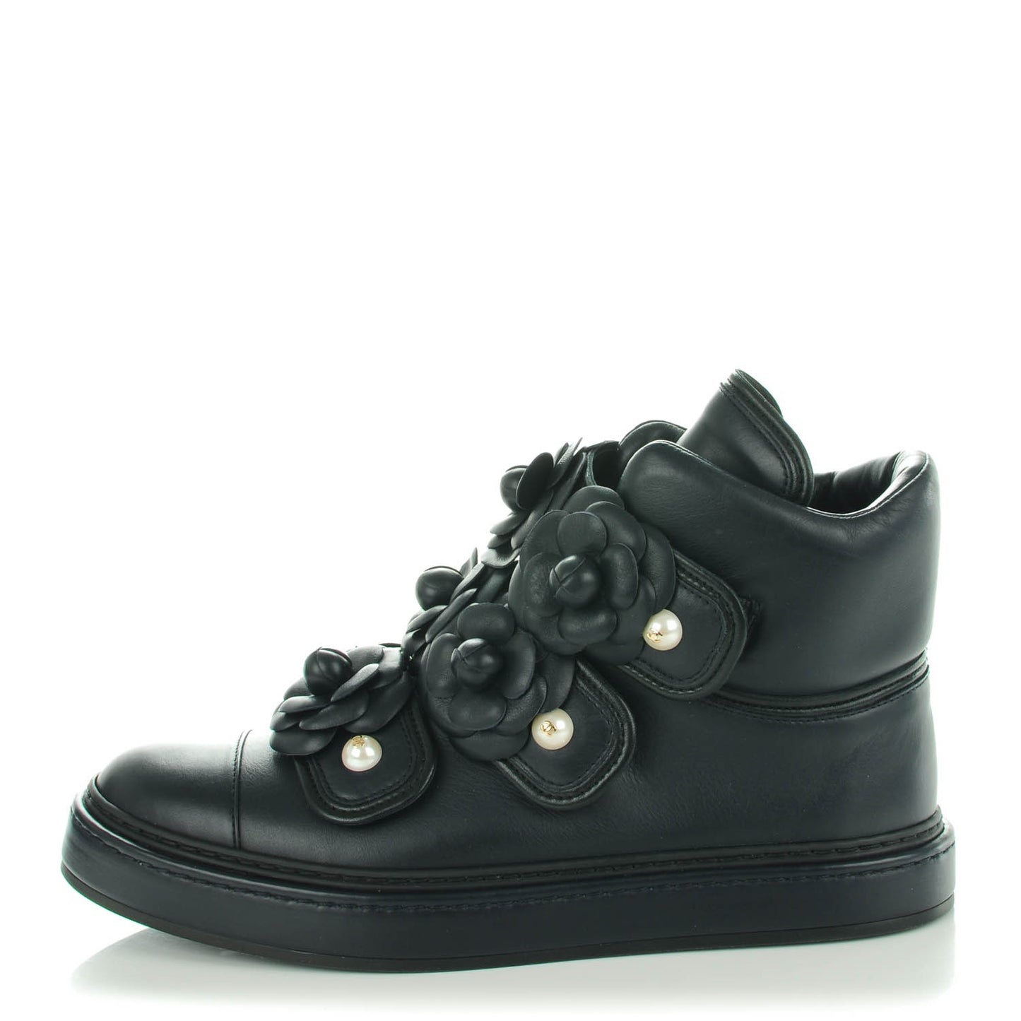 Calfskin Pearl Camellia High Top Sneakers 38.5 Navy