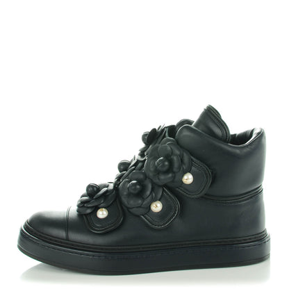 Chanel Calfskin Pearl Camellia High Top Sneakers 38.5 Navy 1 of 8