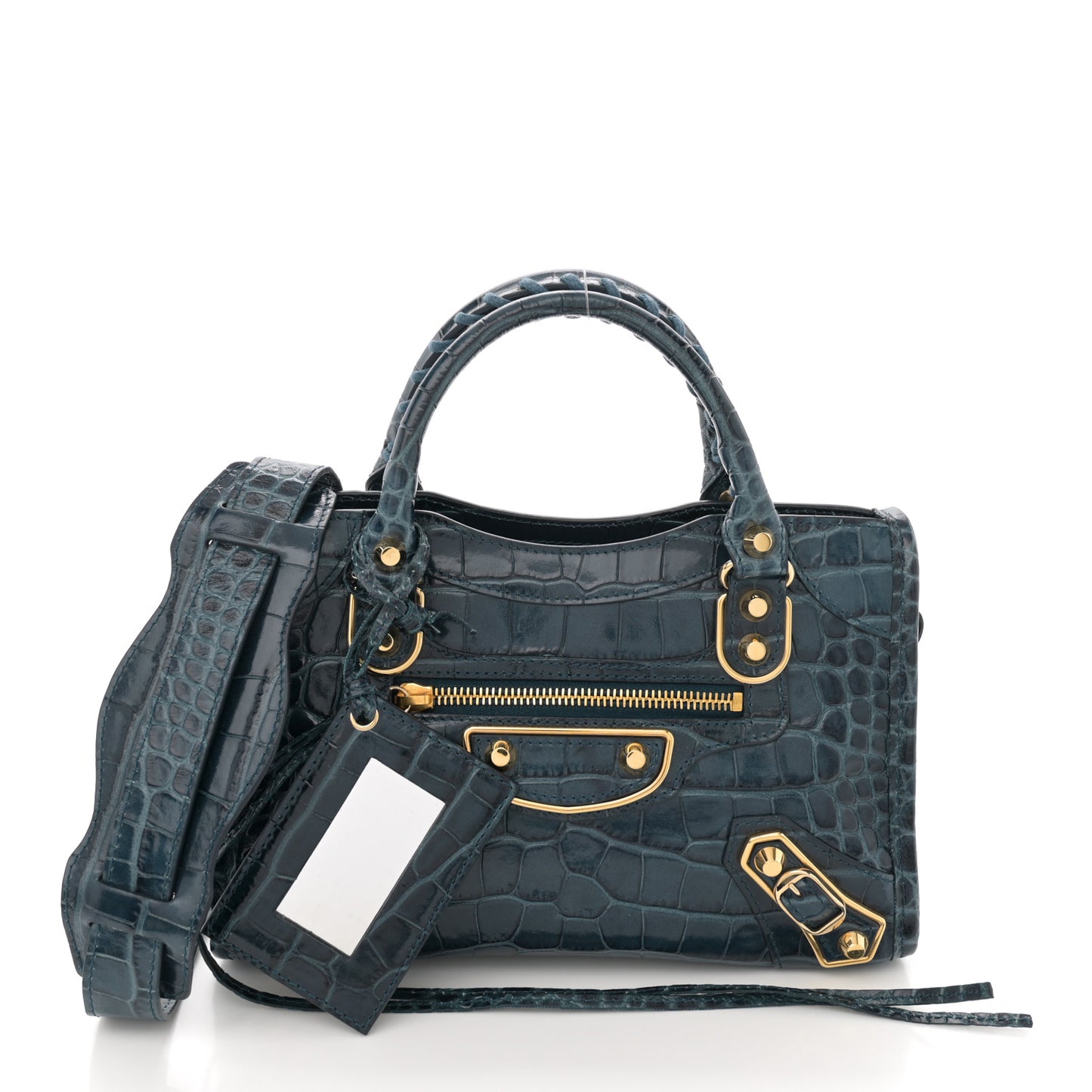 Shiny Supple Calfskin Crocodile Embossed Gold Metallic Edge Hardware Mini City Bleu Marine