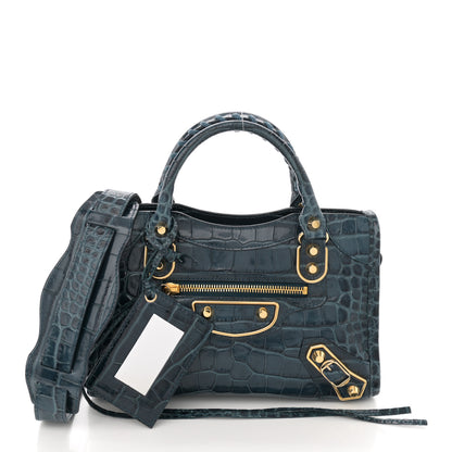 Balenciaga Shiny Supple Calfskin Crocodile Embossed Gold Metallic Edge Hardware Mini City Bleu Marine 2 of 11