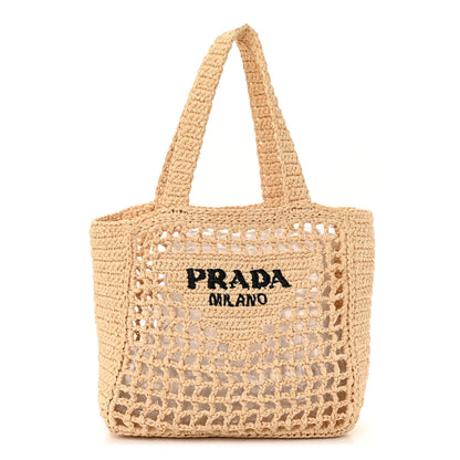 Prada Yarn Raffia Effect Crochet Logo Embroidered Small Tote Bag Naturale 1 of 10