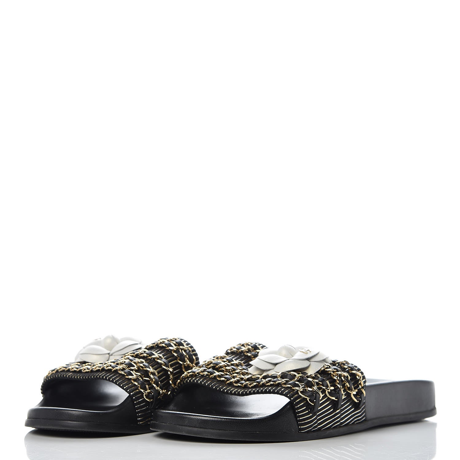 Chanel Calfskin Chain Camellia Flat Sandals 40 Black 3 of 8