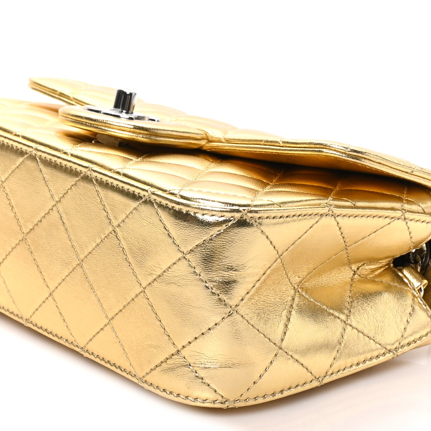 Metallic Lambskin Quilted Mini Rectangular Pearl Crush Flap  Gold
