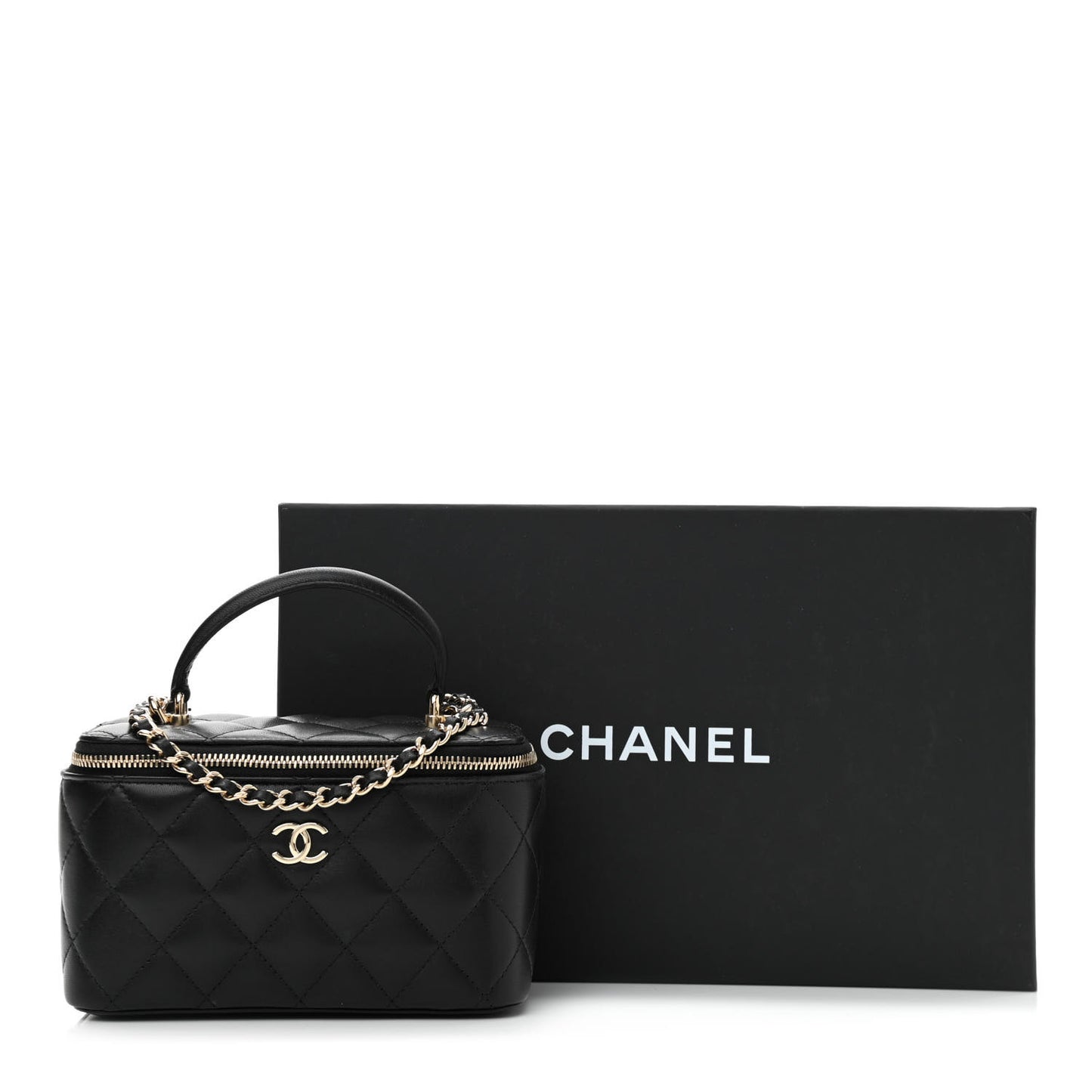 Lambskin Quilted Small Top Handle Vanity Case With Chain Black
