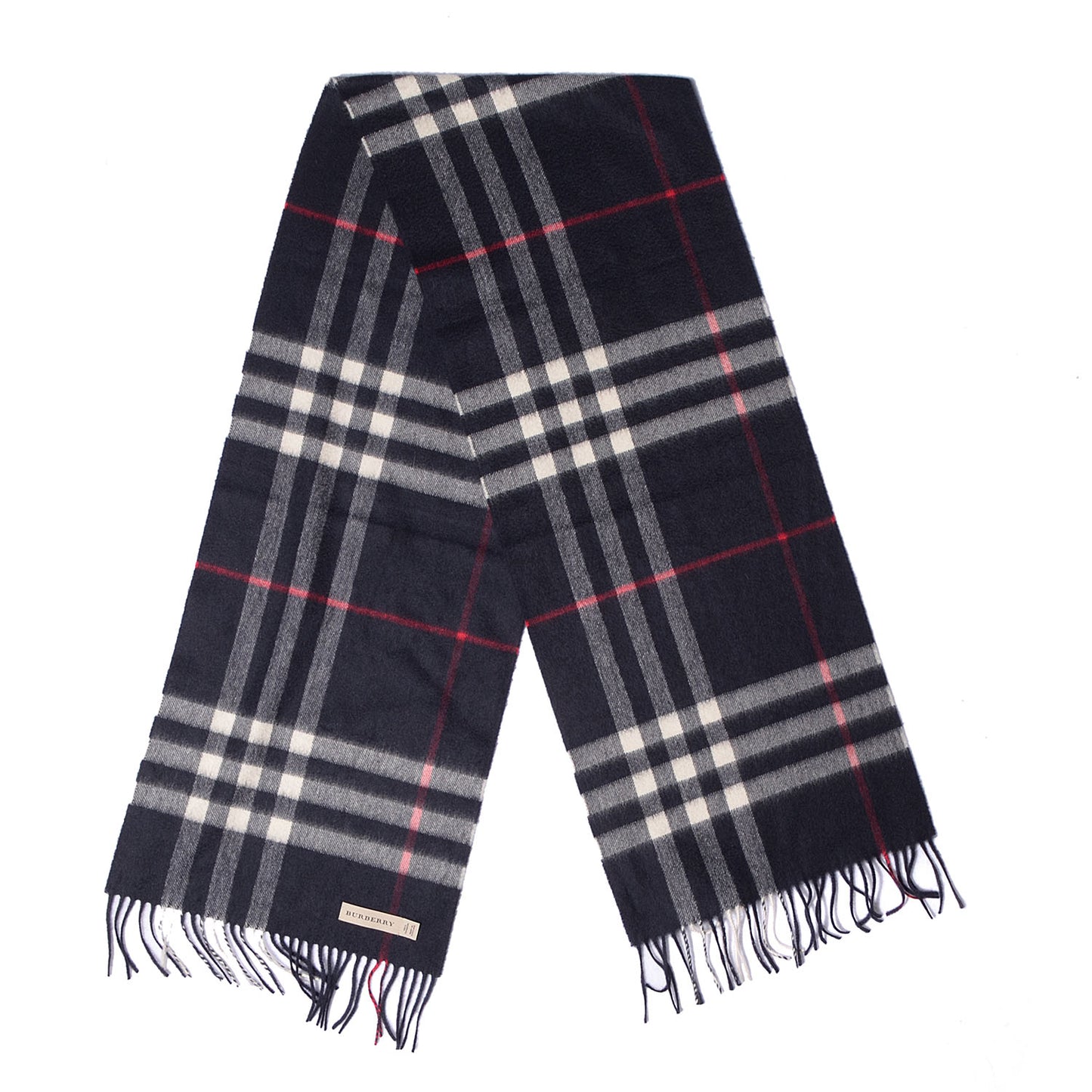 Cashmere Giant Check Fringe Scarf Navy